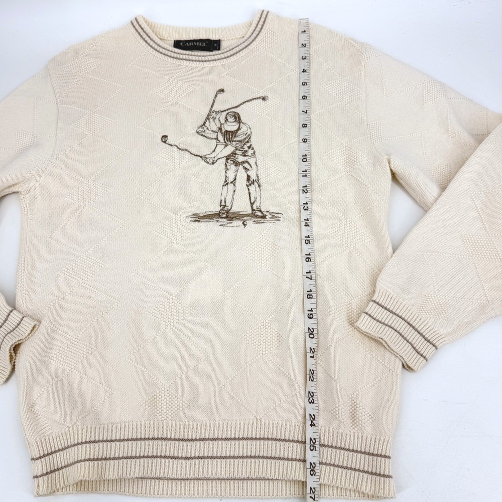 Vintage Carmel 90s Cream Embroidered Golf Golfer Pullover Sweater Sz M USA Made - Picture 7 of 9